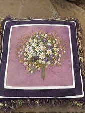 Hand Painted Wildflower Bouquet Throw Pillow Purple Fringe Trim Cottage Floral