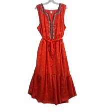 GAP Womens XL Orange Red Floral Embroidered Tiered Maxi Dress Boho Peasant Folk