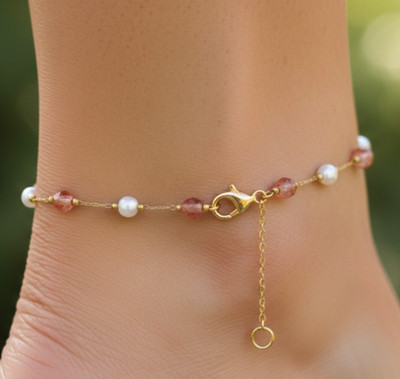 Elegant Gold Color Anklet Minimalist Boho Strawberry Quartz & Pearl Beaded Ankle
