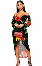 Fashion Nova Women Size M NEW Black Floral Print Mesh Surplice Tulip Lined Dress