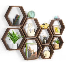 Hexagon Floating Shelves Set of 8 Wood Hexagonal Shelves Brown Wall Decor and...