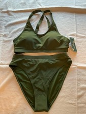 Women  s Green Halter Bikini Set 2 Piece Size L Cup B Solid Strappy Lined