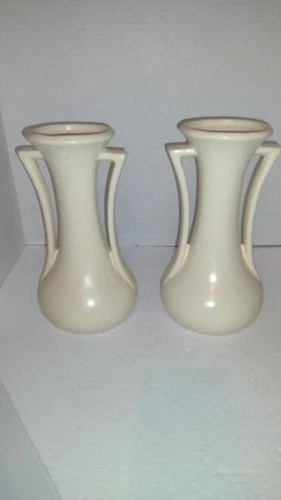 Vintage McCoy Pottery Pair of 9.5" Ivory Double HandleVases Art Deco Cream Glaze