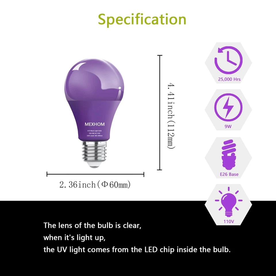 8 Pack A19 LED Black Light Bulbs,9W (100W Equivalent) E26 Base Dimmable Black - Image 2 of 4