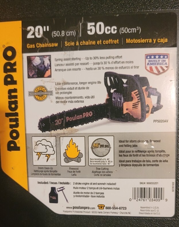 Poulan Pro PR5020 20 in 50cc Heavy Duty Gas Chainsaw PP5020AV Carry ...