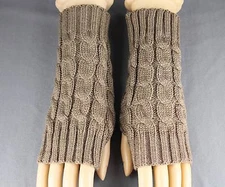 Lt Brown cable knit arm warmer fingerless gloves warmers open thumb texting