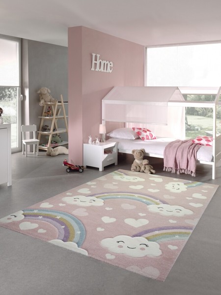 Kinderteppich Kinderzimmerteppich Regenbogen Mit Wolken Und Herzen In Rosa-image