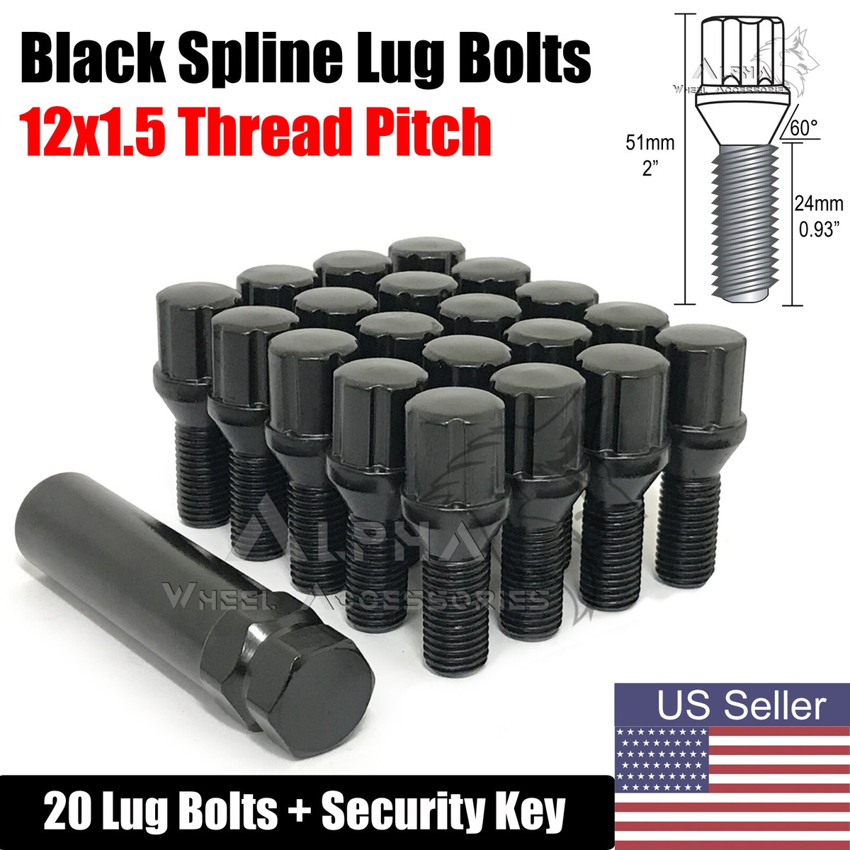 20Pc Black Spline Lug Bolts 12x1.5 For Saab 9-3 900 9-5 9-3X +