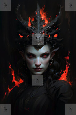 Digital Art, Gothic Dark Queen with Fiery Dragon Crown, Fantasy Portrait Art #6