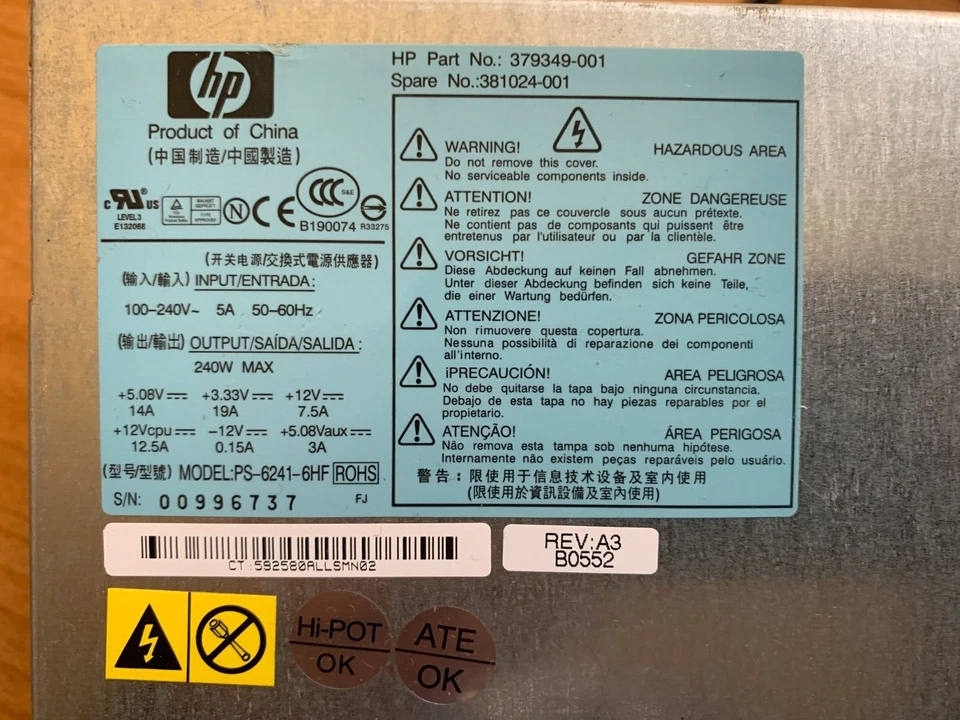 HP 379349-001 381024-001 PS-6241-HF DPS-240FB-1 240W Power Supply - Image 3 of 4