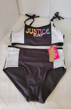 Justice Girls Swimsuit Bikini Black Size 16/18 Colorful Logo Rib 2 Piece Set