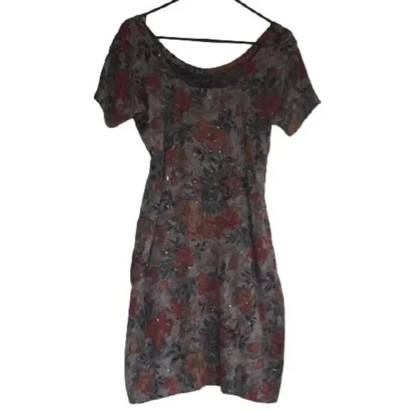 Vintage 90s Sequin Dress Size S Floral Short Sleeve Brown FRIENDS - Image 2 of 4
