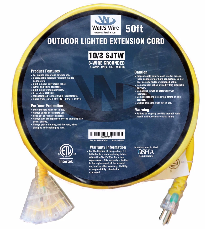 50' 10/3 Lighted Heavy Duty 3 Outlet SJTW Extension Cord - 10 Awg 3C 50ft In/Out - Image 2 of 4
