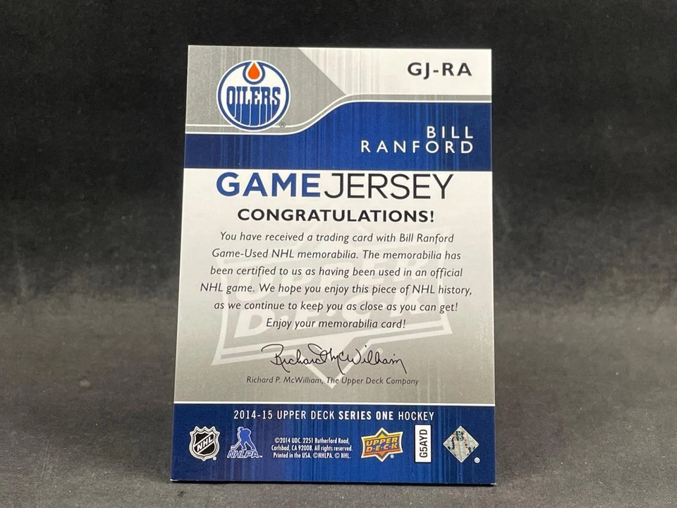 2014-15 UPPER DECK UD SERIES ONE BILL RANFORD GJ-RA UD GAME JERSEY RELIC OILERS - Image 2 of 2