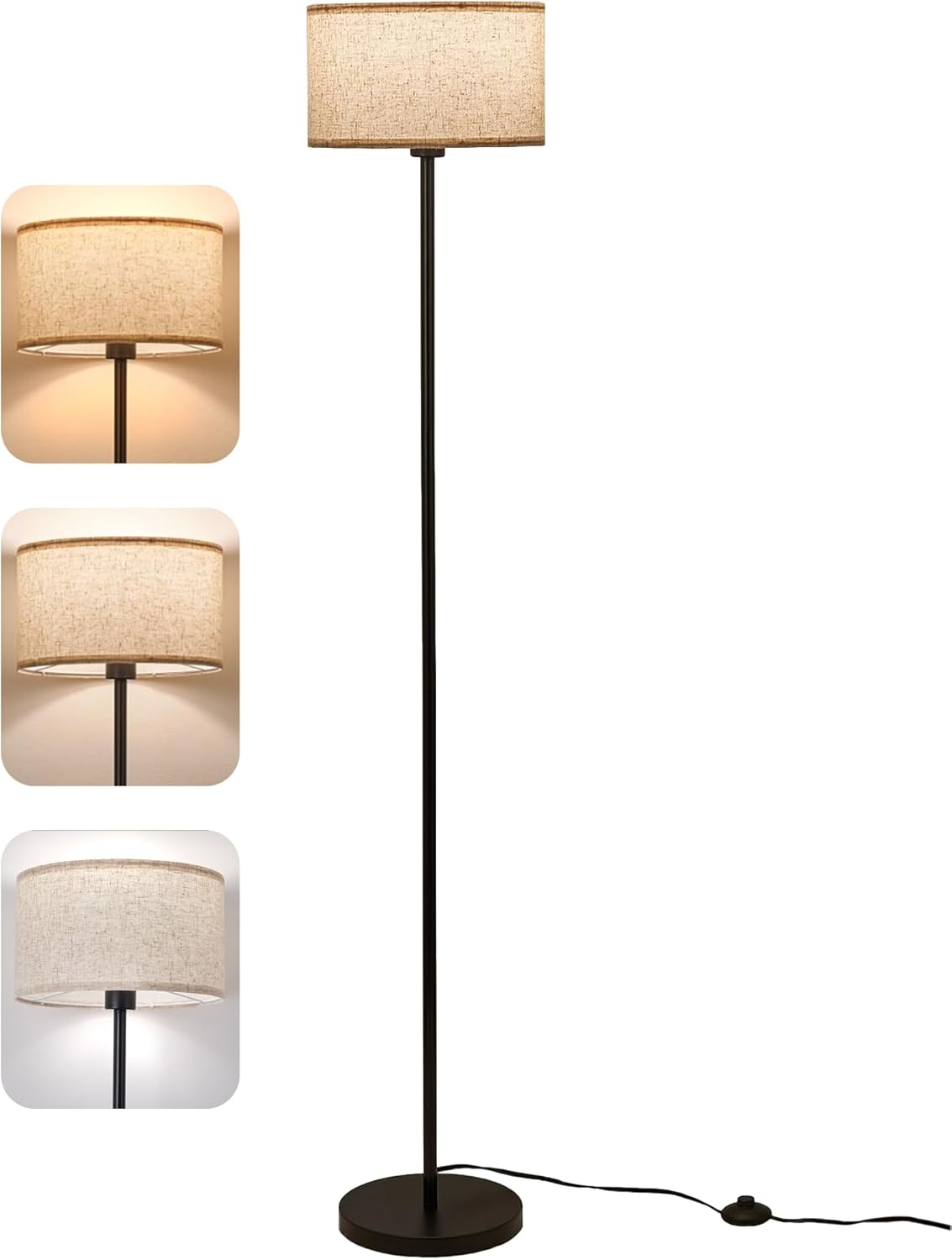 Modern LED Floor Lamp with Beige Drum Shade for Minimalist Reading Light