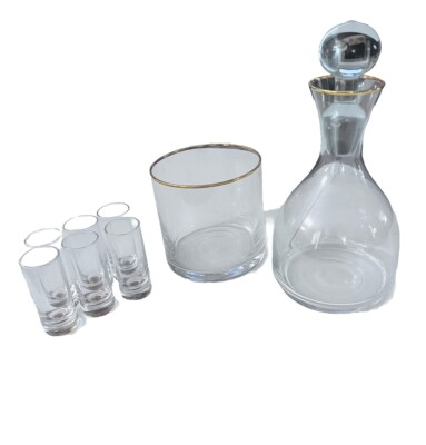 Vintage Bar ware Set 6 Shot Glasses Glass Ice Bucket And Decanter Gold Trimmed