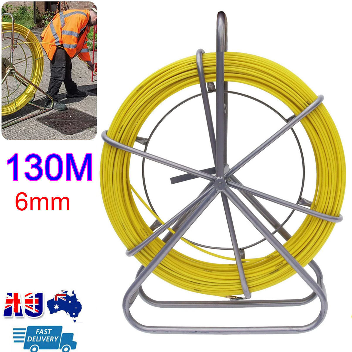 AUS Fish Tape Cable Puller Fiberglass 130M x 6MM Reel Wire Running