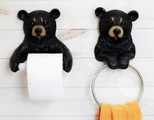 Black Bear Toilet Paper and Hand Towel Holder Set Whimsical Bear Bathroom Decors