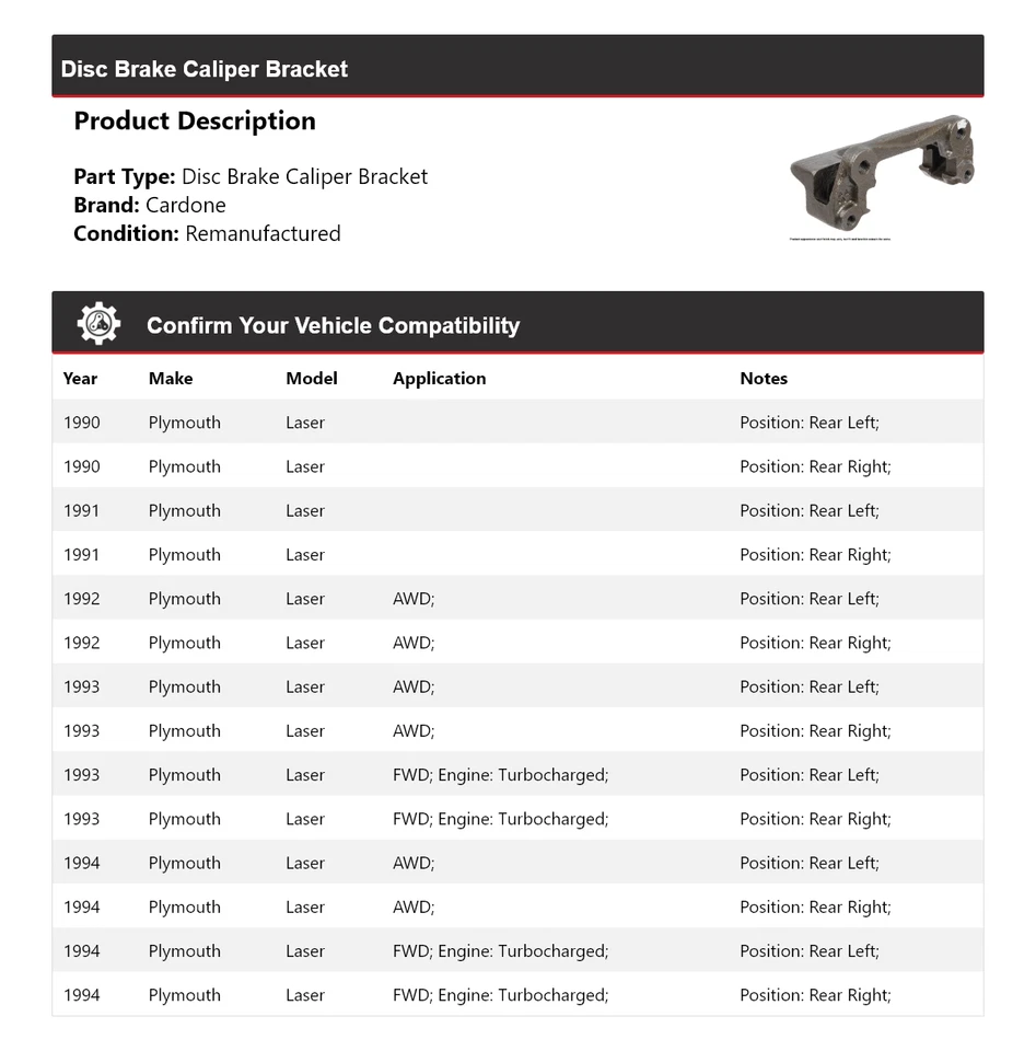 For 1990-1994 Plymouth Laser Disc Brake Caliper Bracket Cardone 1991 1992 1993 - Image 2 of 4
