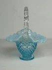 FENTON Blue Opalescent Hobnail Art Glass Handled Basket 6"