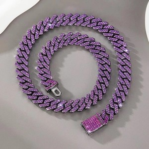 Authentic 25Ctw Lab Created Round Amethyst 15MM Miami Cuban Necklace 14K Black Gold Plated