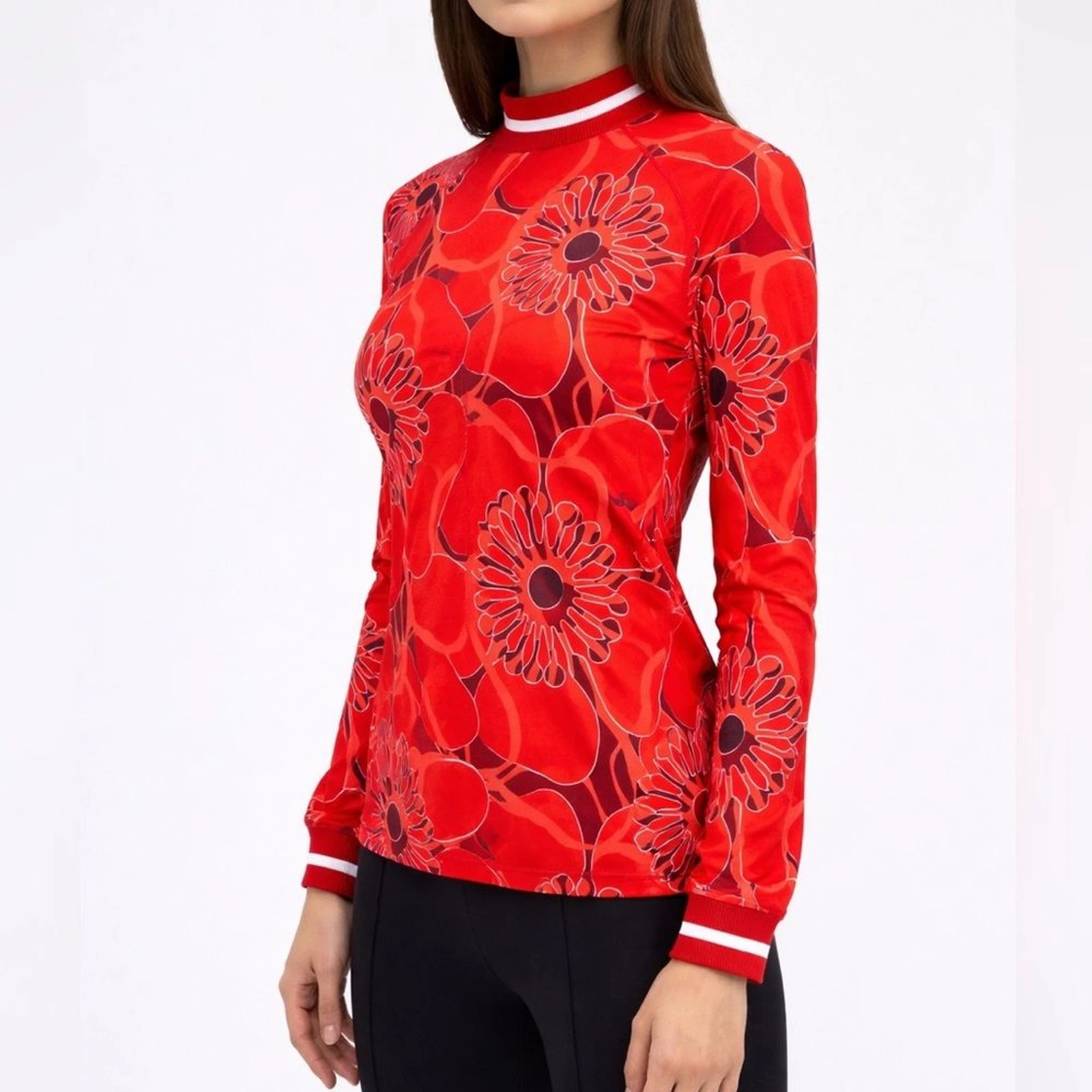 Bogner Madeline Red Floral Print Long Sleeve Base Layer Top size 14 MSRP $320