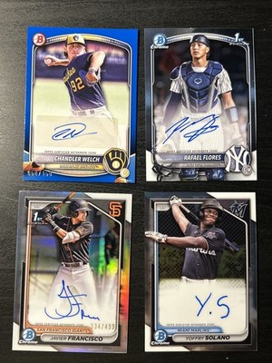 4 Card Bowman Prospect Autograph Lot!! Welch /150, Francisco /499, Flore, Solano
