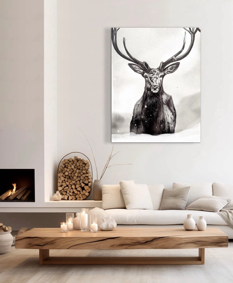 Arte Texturizado Original Ciervo en el Invierno Tinta de Nieve Pintura Boceto Minimalista Foto 3 de 3