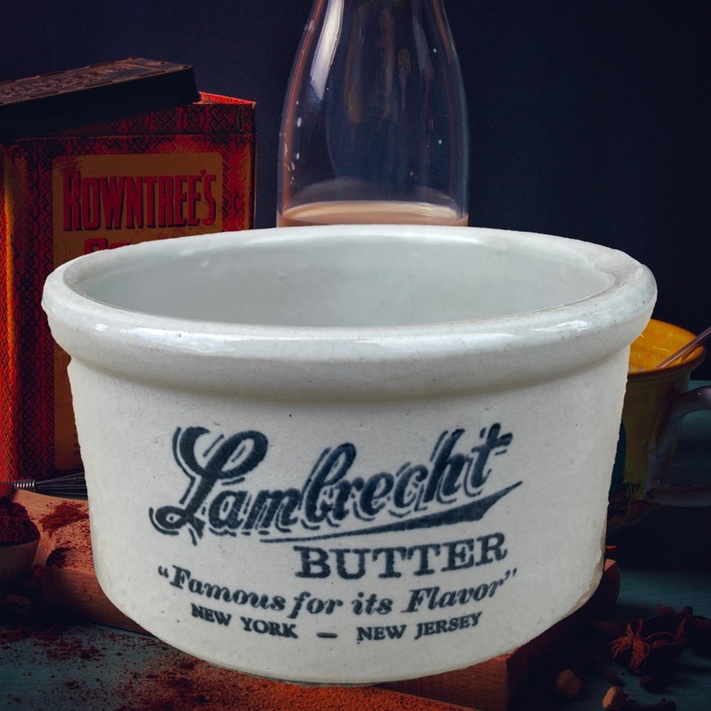 Antique Advertising LAMBRECHT BUTTER CROCK 5.5 “ wide TUB N York New Jersey Bld