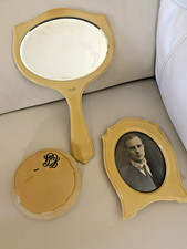 Vintage 1930s Celluloid Vanity Set - Hand Mirror, Powder Box Frame Monogrammed