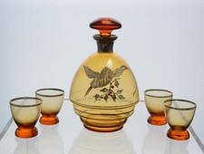 Czecho Slovakian Silver and Enameled Amber Glass Decanter Set 4 Cordials 1920s