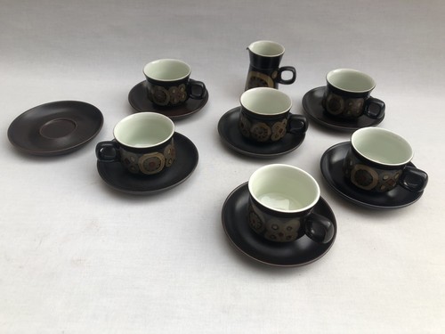 6 x Vintage 1970s Denby Arabesque Cups & Saucers + Milk Jug Good Condition