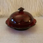 VTG Jeanette Ruby Glass Covered Cheese Keeper-Cherry Blossom Pattern