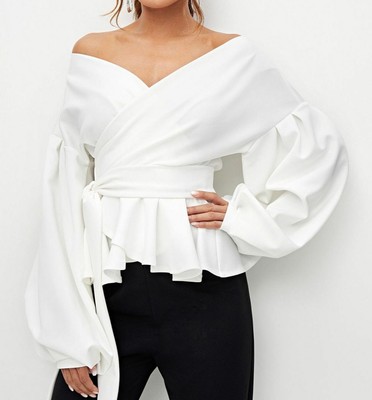 off the shoulder shirred peplum blouse