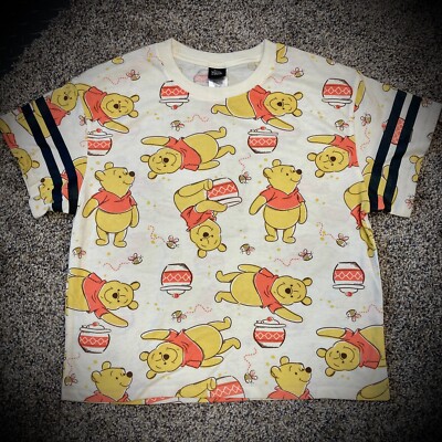 WINNIE THE POOH T-SHIRT Juniors Medium M Women/Teen Disney Striped Sleeve IVORY