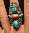 Vintage Tibetian Silver 925 Serpent Turquoise and Coral Ornate Ring Size 7 1/2