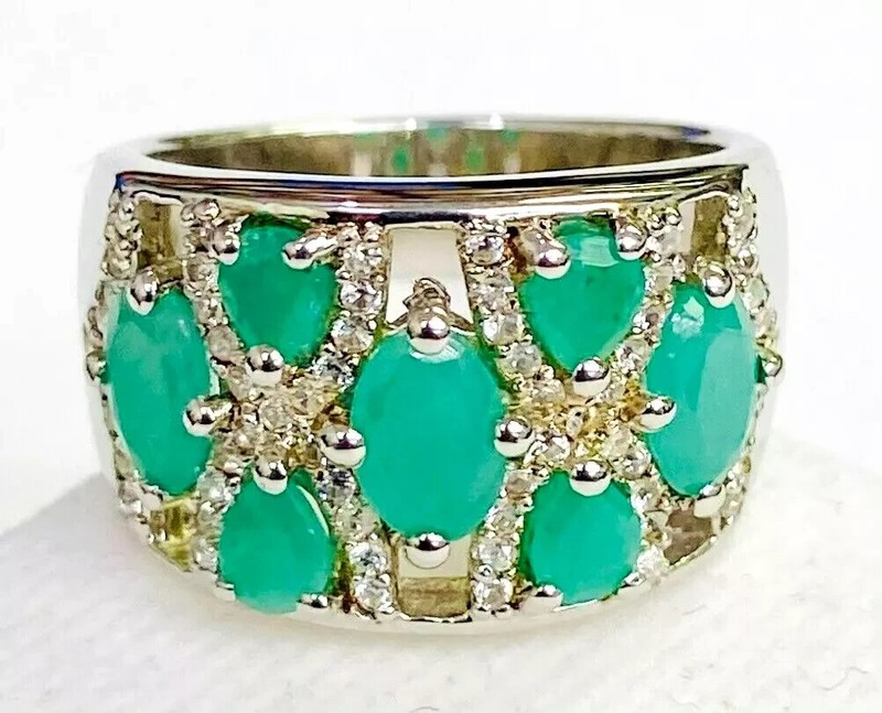 HSN Colleen Lopez Sterling Silver Sakota Emerald & White Zircon Band Ring 6