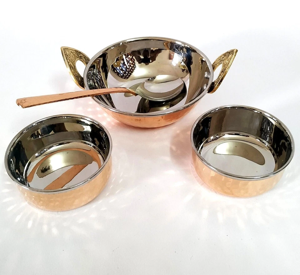 Pure Copper Stainless Steel Dinnerware Brass Handle 1Kadai 2 Bowl 1 Spoon - Image 2 of 4