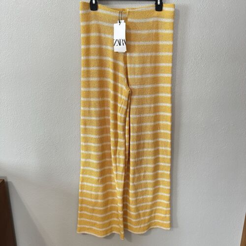 ZARA Yellow Striped Pull On Knit Pants Size Large 70s Crochet Wide Leg Flare NWT