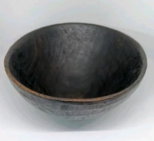 Primitive Carved Black Wood Bowl . Out of Round Worn Old Patina Rounded Bottom