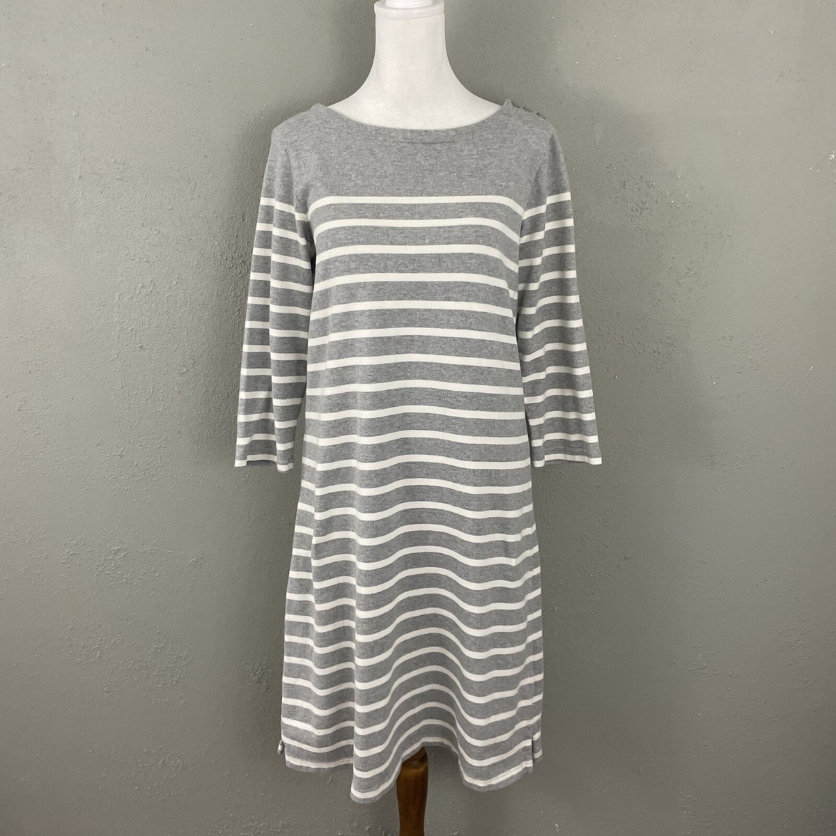 LL Bean Dress Womens M Gray White Stripe 100% Cotton Sailor 