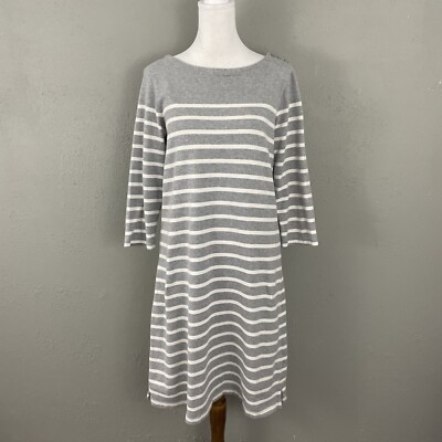LL Bean Dress Womens M Gray White Stripe 100% Cotton Sailor Buttons Modest  | eBay