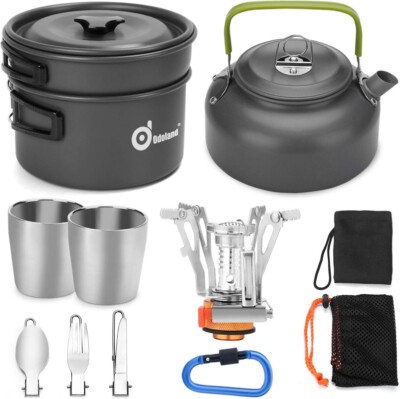 12pcs Camping Cookware Mess Kit W/ Mini Stove Hiking Tailgating Picnic Outdoor
