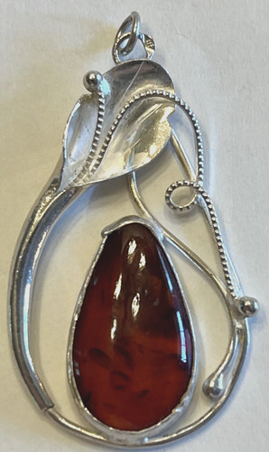 Antique or Vintage Baltic Amber 925 Sterling Silver Nouveau Leaf Flower Pendant