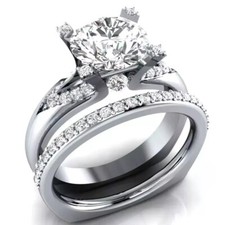 Round Cut 2.50 Carat Moissanite Bridal Set Engagement Ring Solid 14K White Gold