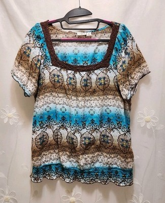Cato Womens XL Blue Brown Top Boho Floral Hippie Paisley Milkmaid Southwestern 