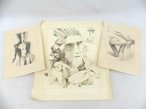 3x Litografía Dibujo Nikolaj Ullmann Firmado Representación Erótica