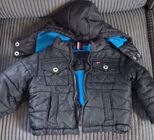 Tommy Hilfiger Puffer Jacket 12M Black Blue Hooded Zip Unisex Baby Outerwear