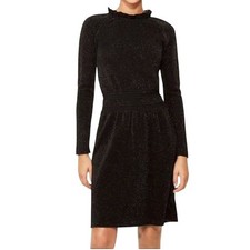 Tory Burch Isabelle Metallic Black Sparkle Knit Sweater Dress Gathered Waist S/P