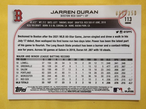 2022 Topps Chrome - Jarren Duran #113 refractor de motas magenta/350 (RC) - Imagen 2 de 2